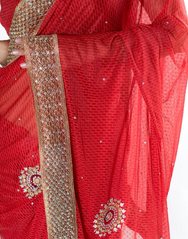 金糸とビーズ刺繍 レンガ模様のマハラニインドサリー【チョリ付き】 - 赤 6 - とても綺麗なサリーです