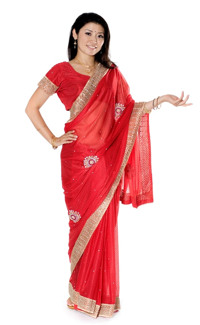 金糸とビーズ刺繍 レンガ模様のマハラニインドサリー【チョリ付き】 - 赤の写真