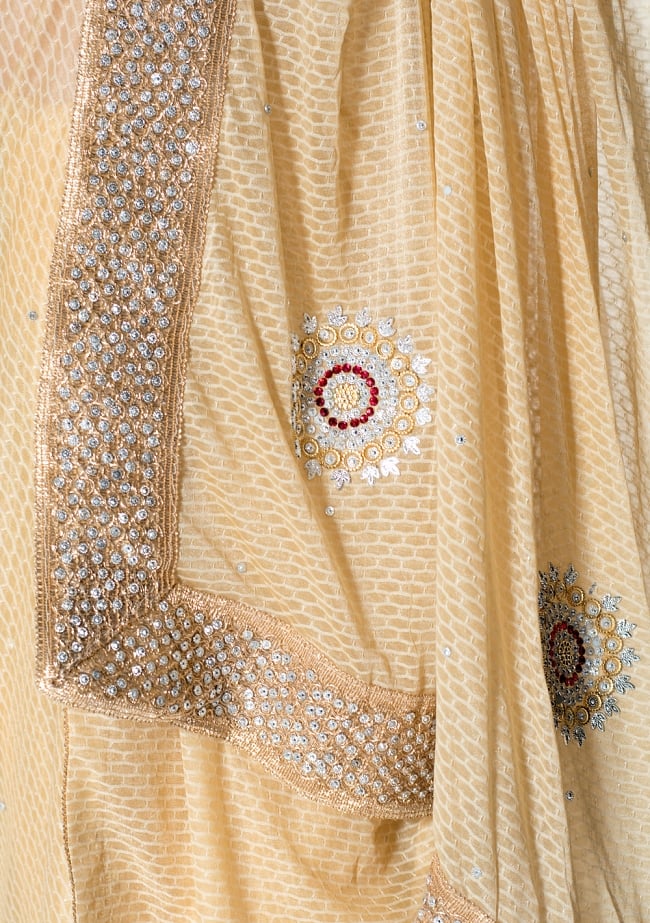 金糸とビーズ刺繍 レンガ模様のマハラニインドサリー【チョリ付き】 - ベージュ 7 - 縁の拡大写真です