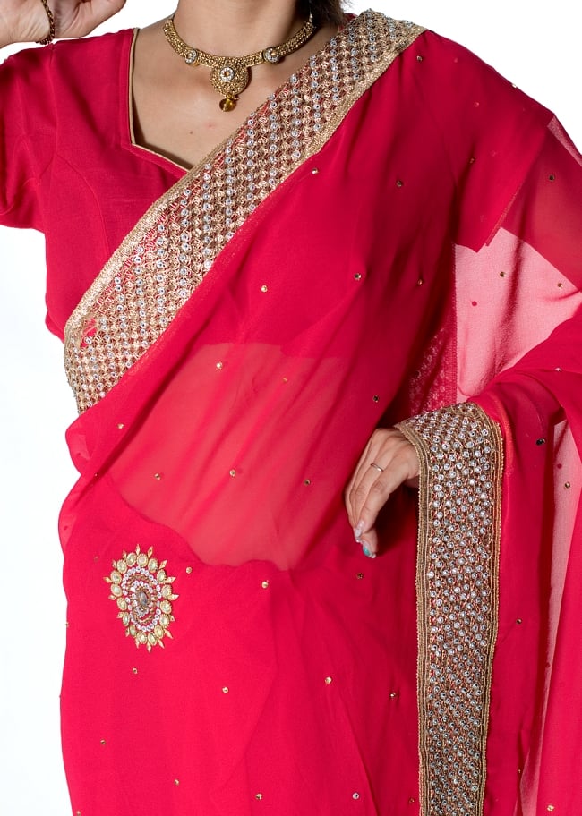 金糸とビーズ刺繍のジョーゼットインドサリー【チョリ付き】 - 赤 5 - 拡大写真です