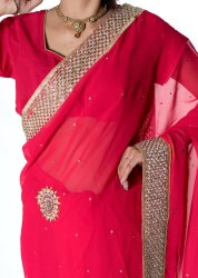 金糸とビーズ刺繍のジョーゼットインドサリー【チョリ付き】 - 赤の商品写真