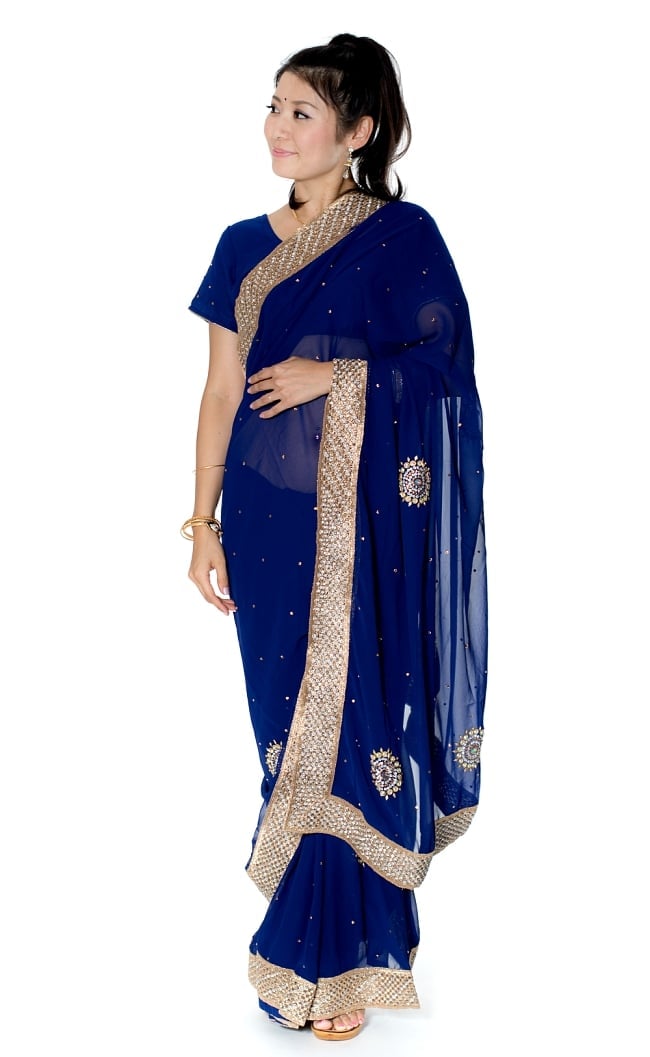 金糸とビーズ刺繍のジョーゼットインドサリー【チョリ付き】 - 青の写真
