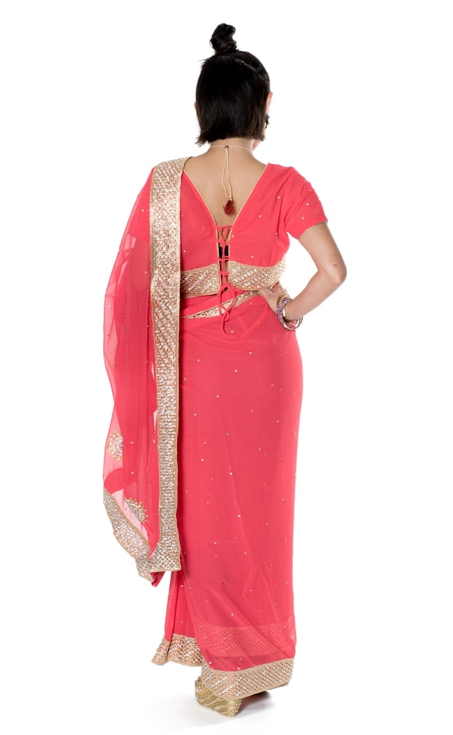 金糸とビーズ刺繍のジョーゼットインドサリー【チョリ付き】 - ローズ 3 - 後ろからの写真です