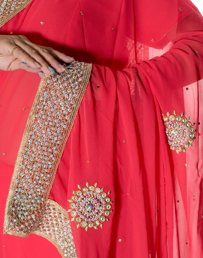 金糸とビーズ刺繍のジョーゼットインドサリー【チョリ付き】 - ローズ 6 - とても綺麗なサリーです