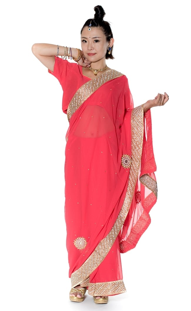 金糸とビーズ刺繍のジョーゼットインドサリー【チョリ付き】 - ローズの写真