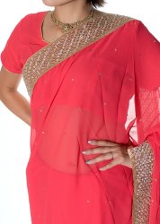 金糸とビーズ刺繍のジョーゼットインドサリー【チョリ付き】 - ローズの商品写真