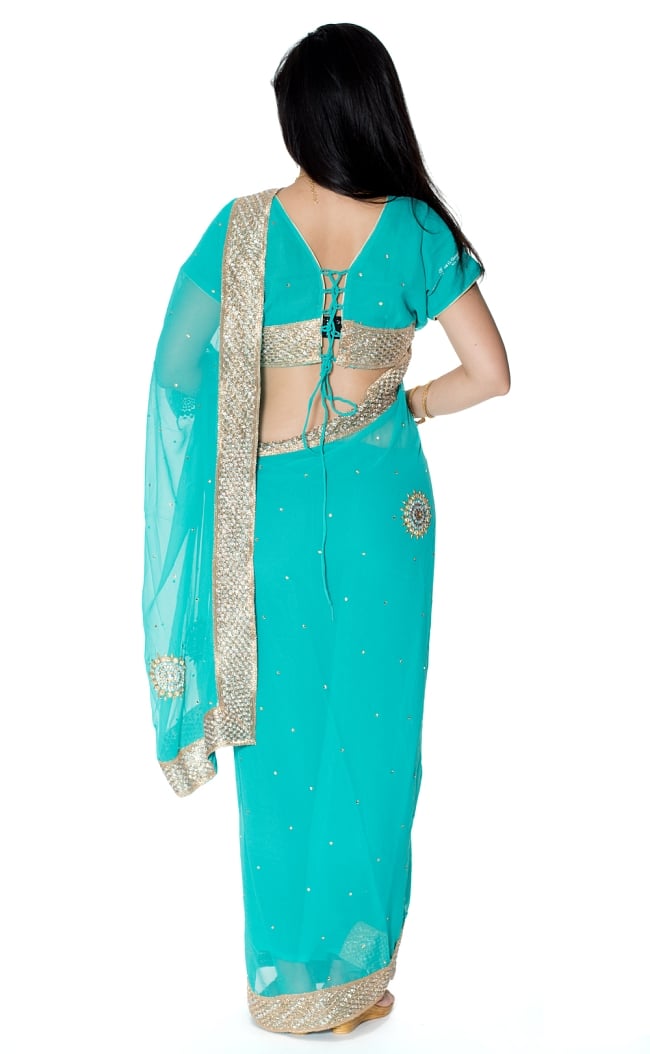 金糸とビーズ刺繍のジョーゼットインドサリー【チョリ付き】 - ターコイズグリーン 3 - 後ろからの写真です