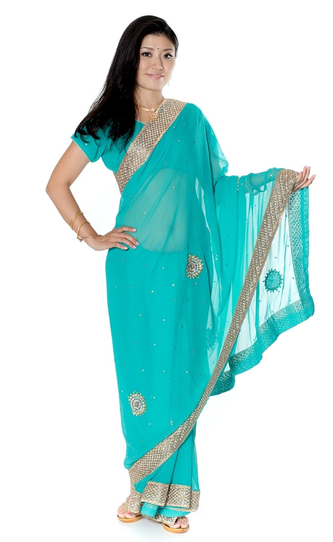 金糸とビーズ刺繍のジョーゼットインドサリー【チョリ付き】 - ターコイズグリーンの写真サリー,民族衣装,デコレーション布,布,インド 布,生地,ファブリック,パーティー,仮装