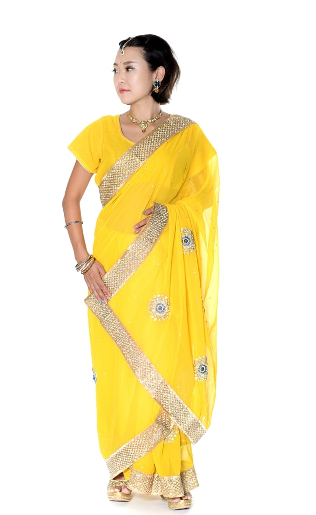 金糸とビーズ刺繍のジョーゼットインドサリー【チョリ付き】 - 黄色の写真サリー,民族衣装,デコレーション布,布,インド 布,生地,ファブリック,パーティー,仮装
