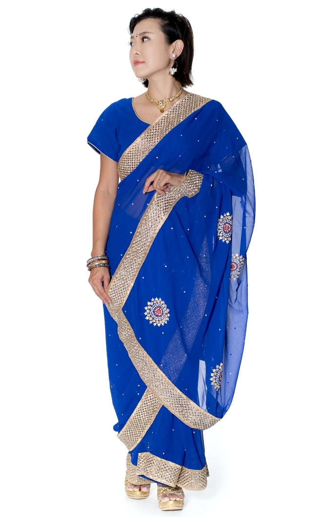 金糸とビーズ刺繍のジョーゼットインドサリー【チョリ付き】 - 青の写真サリー,民族衣装,デコレーション布,布,インド 布,生地,ファブリック,パーティー,仮装