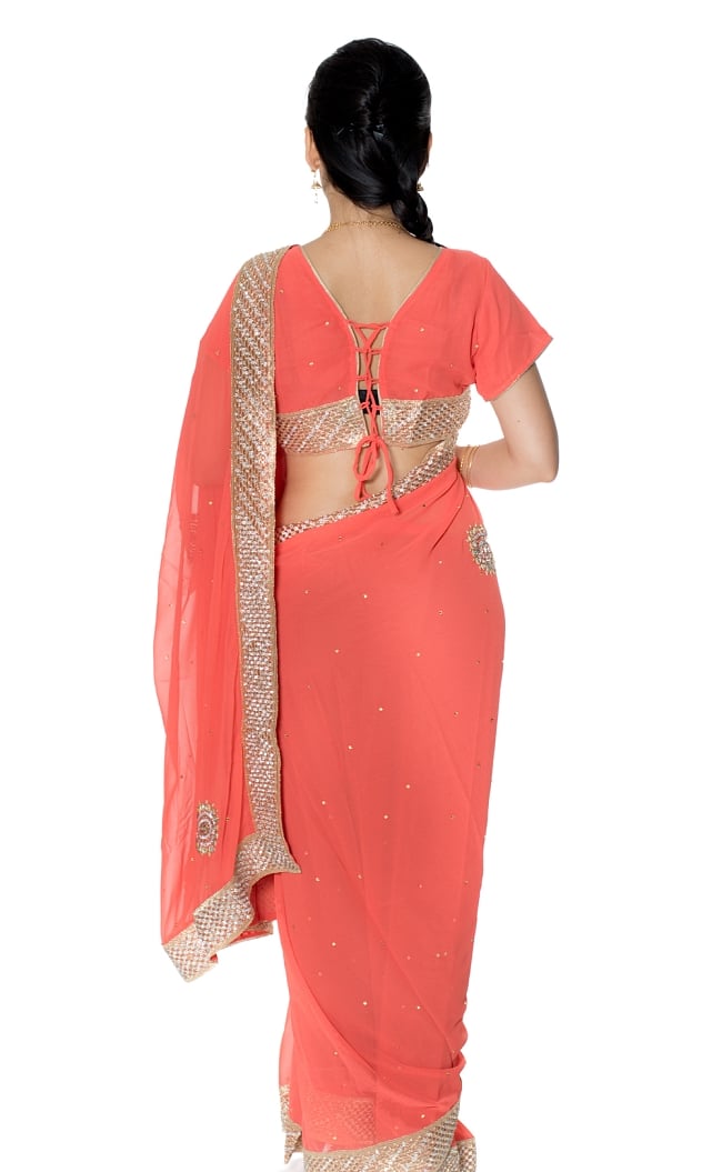 【訳あり】金糸とビーズ刺繍のジョーゼットインドサリー【チョリ付き】 - サーモンピンク 3 - 後ろからの写真です