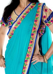 カッチ刺繍テイストのジョーゼットインドサリー【チョリ付き】 - ターコイズブルーの商品写真