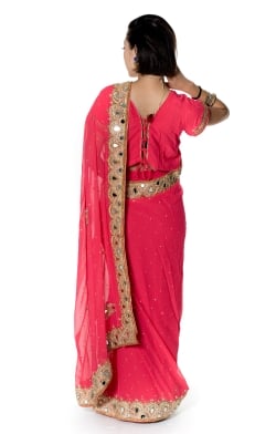 【一点物】ミラーワークと刺繍の婚礼用ゴージャス ジョーゼットサリー【チョリ付き】 - ローズ - サブ3