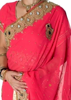 【一点物】ミラーワークと刺繍の婚礼用ゴージャス ジョーゼットサリー【チョリ付き】 - ローズ - サブ5