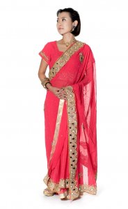 【一点物】ミラーワークと刺繍の婚礼用ゴージャス ジョーゼットサリー【チョリ付き】 - ローズ(ID-SAREE-1060)