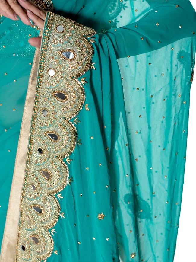 【一点物】ミラーワークと刺繍の婚礼用ゴージャス ジョーゼットサリー【チョリ付き】 - エメラルド 6 - とても綺麗なサリーです