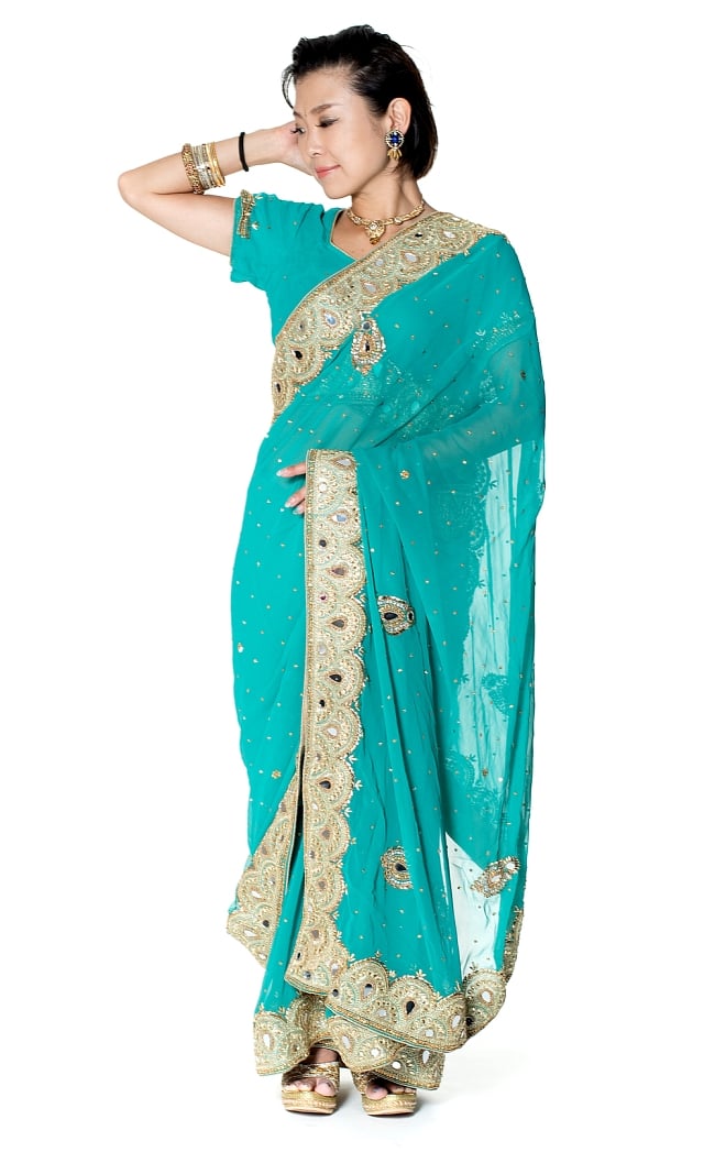 【一点物】ミラーワークと刺繍の婚礼用ゴージャス ジョーゼットサリー【チョリ付き】 - エメラルドの写真サリー,民族衣装,ウェディングドレス,結婚式,デコレーション布,インド 布,ファブリック,パーティー,仮装