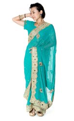 【一点物】ミラーワークと刺繍の婚礼用ゴージャス ジョーゼットサリー【チョリ付き】 - エメラルドの商品写真