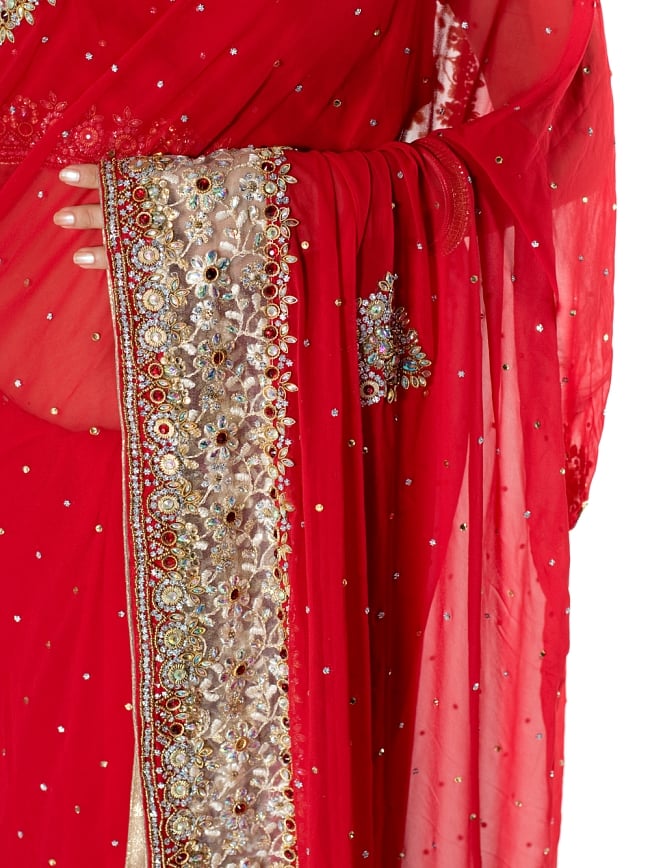 【一点物】刺繍とビジューの婚礼用ゴージャス ジョーゼットサリー【チョリ付き】 - 赤 6 - とても綺麗なサリーです