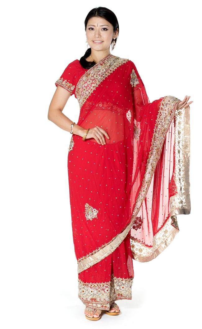 【一点物】刺繍とビジューの婚礼用ゴージャス ジョーゼットサリー【チョリ付き】 - 赤の写真