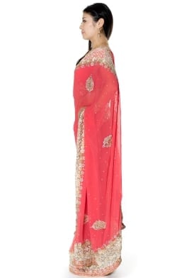 【一点物】刺繍とビジューの婚礼用ゴージャス ジョーゼットサリー【チョリ付き】 - ピンク - サブ2