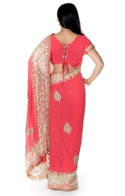 【一点物】刺繍とビジューの婚礼用ゴージャス ジョーゼットサリー【チョリ付き】 - ピンク - サブ3