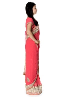 【一点物】刺繍とビジューの婚礼用ゴージャス ジョーゼットサリー【チョリ付き】 - ピンク - サブ4