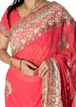 【一点物】刺繍とビジューの婚礼用ゴージャス ジョーゼットサリー【チョリ付き】 - ピンク - サブ5