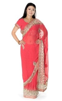 【一点物】刺繍とビジューの婚礼用ゴージャス ジョーゼットサリー【チョリ付き】 - ピンク