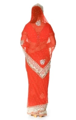 【一点物】刺繍とビジューの婚礼用ゴージャス ジョーゼットサリー【チョリ付き】 - オレンジ - サブ3