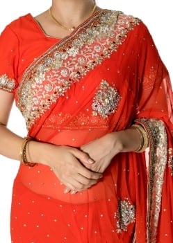 【一点物】刺繍とビジューの婚礼用ゴージャス ジョーゼットサリー【チョリ付き】 - オレンジ - サブ5