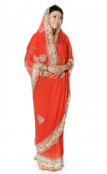 【一点物】刺繍とビジューの婚礼用ゴージャス ジョーゼットサリー【チョリ付き】 - オレンジ