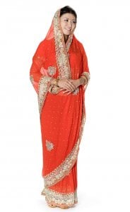 【一点物】刺繍とビジューの婚礼用ゴージャス ジョーゼットサリー【チョリ付き】 - オレンジ(ID-SAREE-1067)