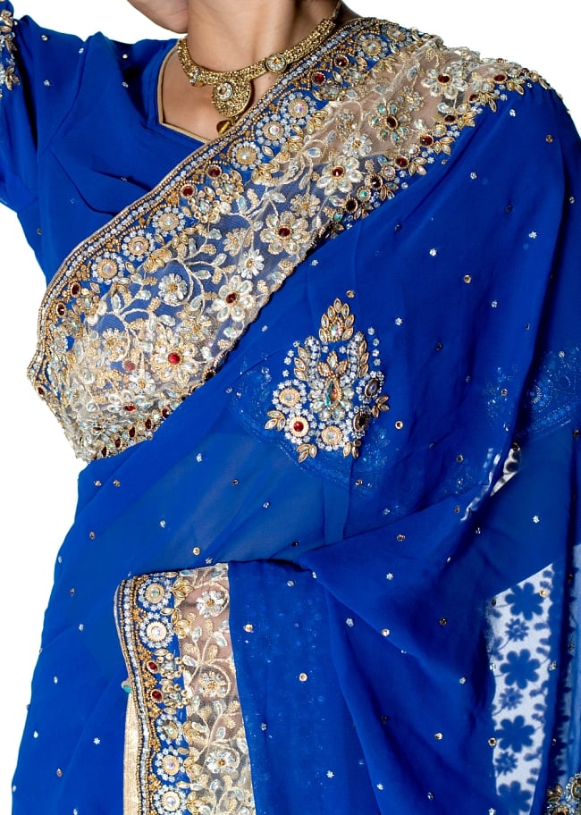 【一点物】刺繍とビジューの婚礼用ゴージャス ジョーゼットサリー【チョリ付き】 - 青 5 - 拡大写真です
