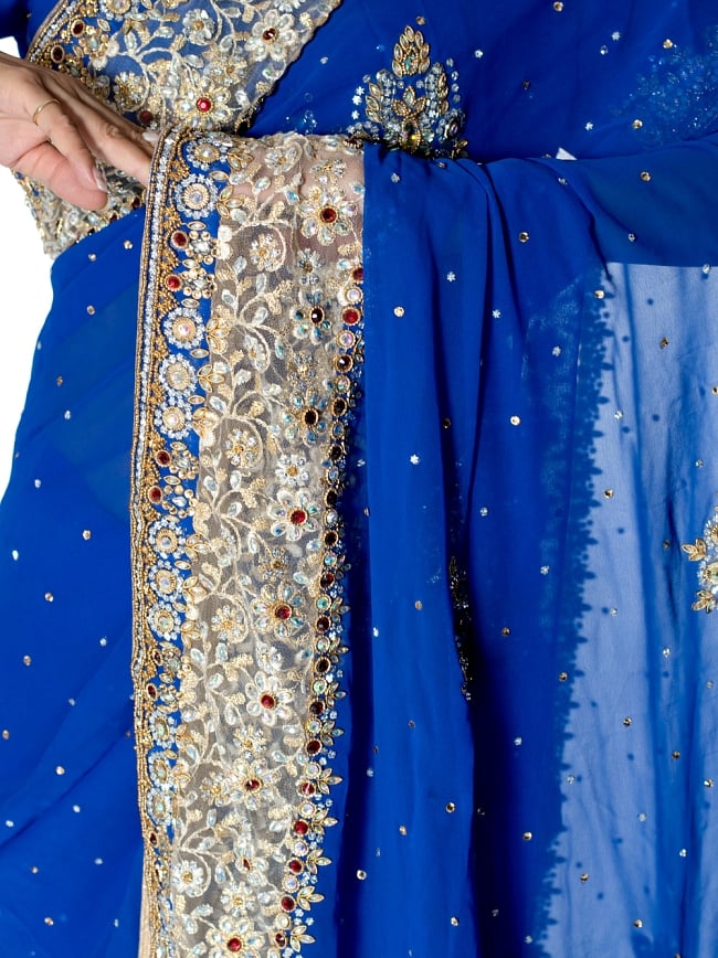 【一点物】刺繍とビジューの婚礼用ゴージャス ジョーゼットサリー【チョリ付き】 - 青 6 - とても綺麗なサリーです