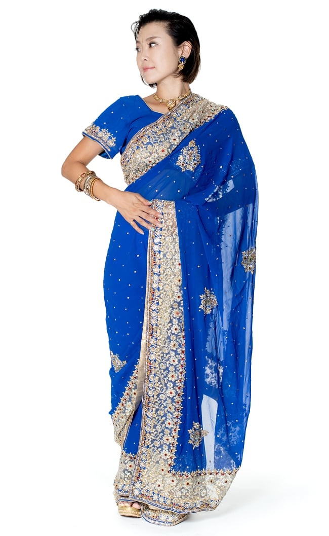【一点物】刺繍とビジューの婚礼用ゴージャス ジョーゼットサリー【チョリ付き】 - 青の写真サリー,民族衣装,ウェディングドレス,結婚式,デコレーション布,インド 布,ファブリック,パーティー,仮装