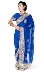 【一点物】刺繍とビジューの婚礼用ゴージャス ジョーゼットサリー【チョリ付き】 - 青の商品写真