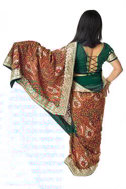 更紗柄刺繍の婚礼用ゴージャス サリー【チョリ付き】 - サブ3