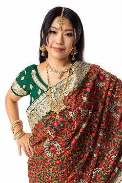 更紗柄刺繍の婚礼用ゴージャス サリー【チョリ付き】 - サブ5