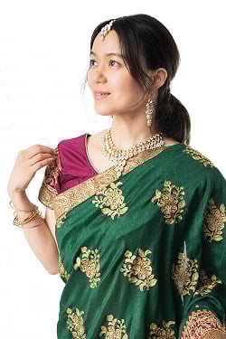 更紗柄刺繍の婚礼用ゴージャス サリー【チョリ付き】 - サブ5