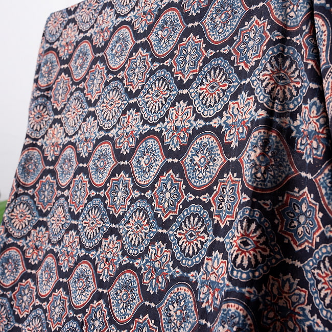 【1点もの】 インドの伝統 アジュラックプリント   コットン サリーNo.4 14 - 体に巻きつける部分はこのような模様です