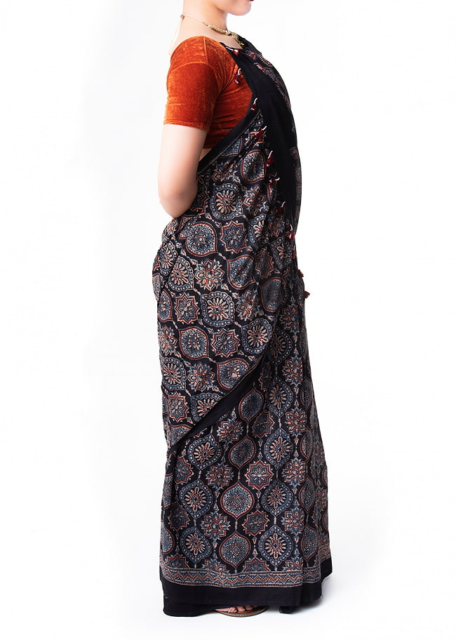 【1点もの】 インドの伝統 アジュラックプリント   コットン サリーNo.4 3 - 横はこちら