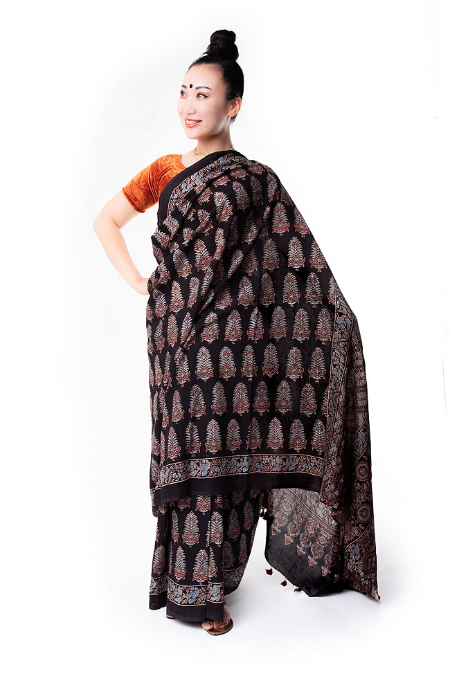 【1点もの】 インドの伝統 アジュラックプリント   コットン サリーNo.6 2 - 様々な着方があります