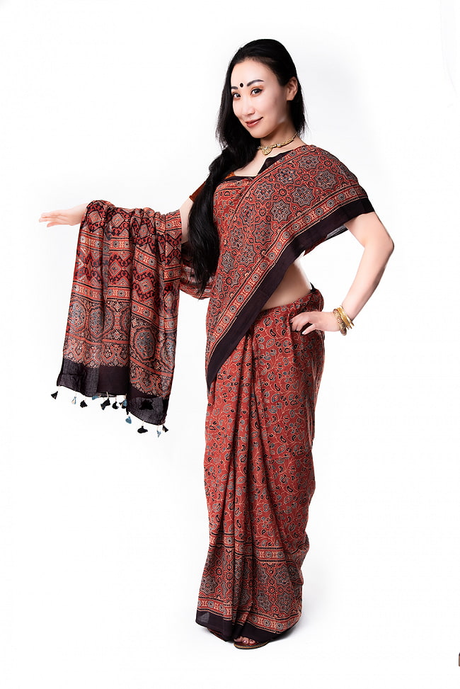 【1点もの】 インドの伝統 アジュラックプリント   コットン サリーNo.7 2 - 様々な着方があります