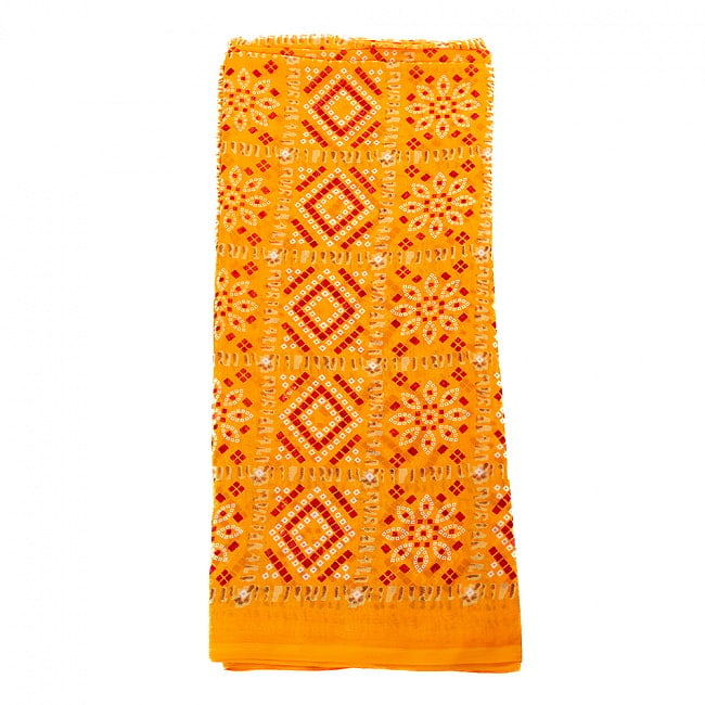 【8色展開】インド伝統模様バンディニプリントのインドサリー　ジオメトリック 16 - 8：オレンジ