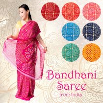 【8色展開】インド伝統模様バンディニプリントのインドサリー　ジオメトリック(ID-SAREE-1115)