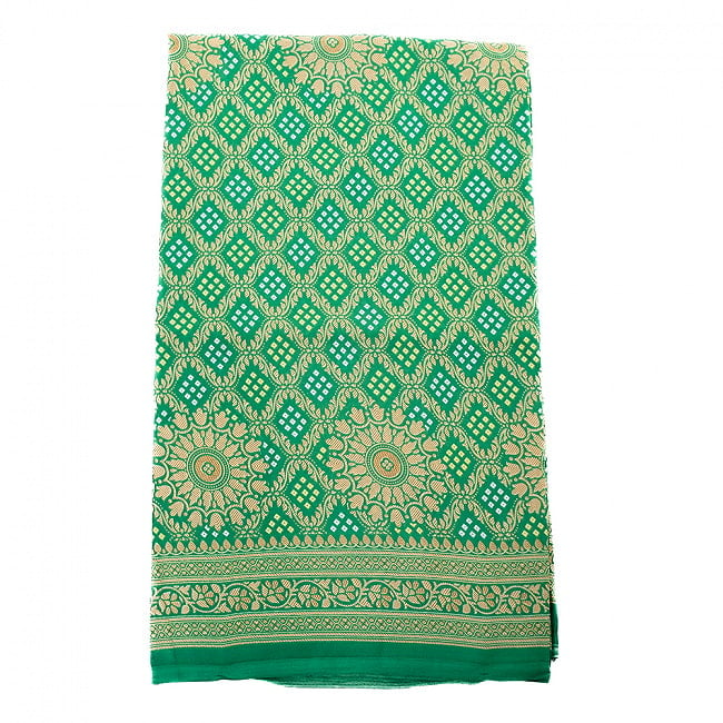【8色展開】インド伝統模様バンディニプリントのインドサリー ボタニカル 10 - 2：緑