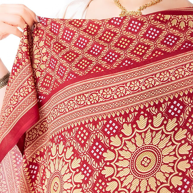 【8色展開】インド伝統模様バンディニプリントのインドサリー ボタニカル 3 - 端には違う模様が施されています。