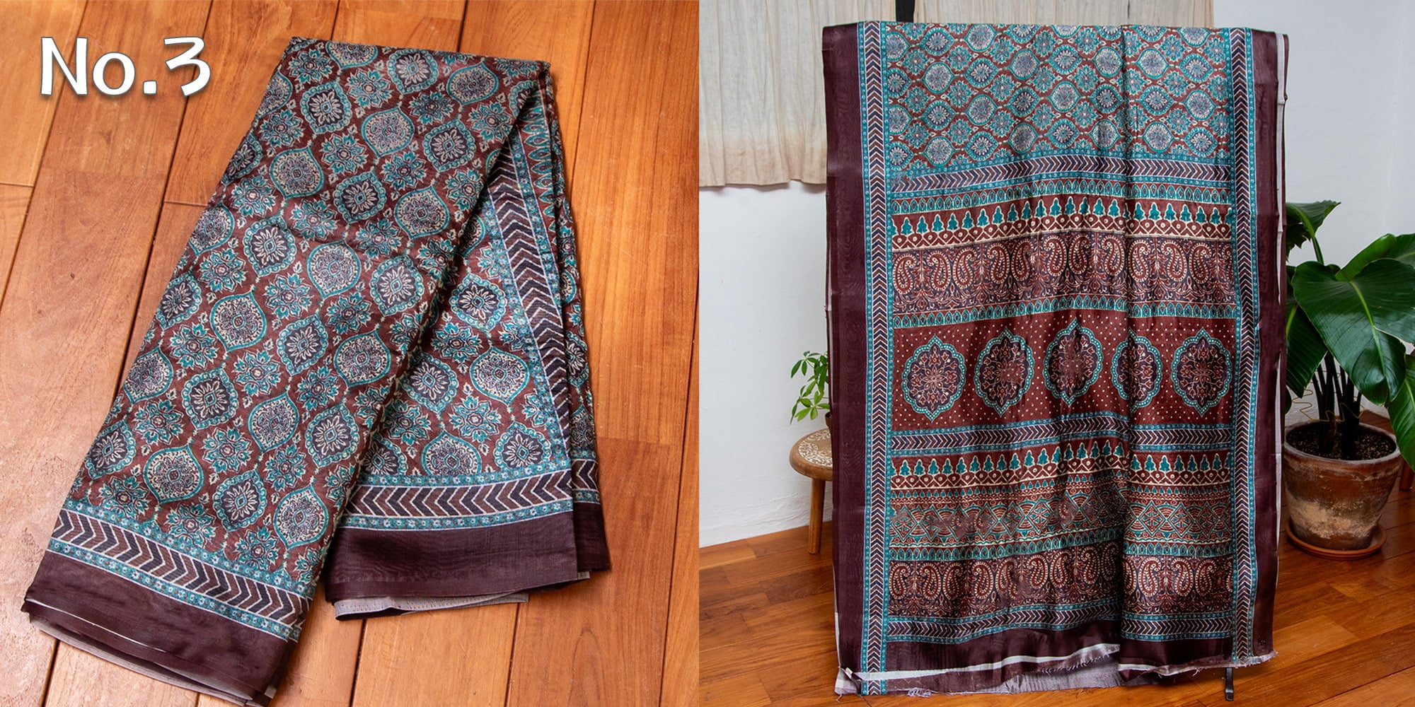 ウッドブロック調　木版柄のプリントサリー3枚目の下部説明写真です