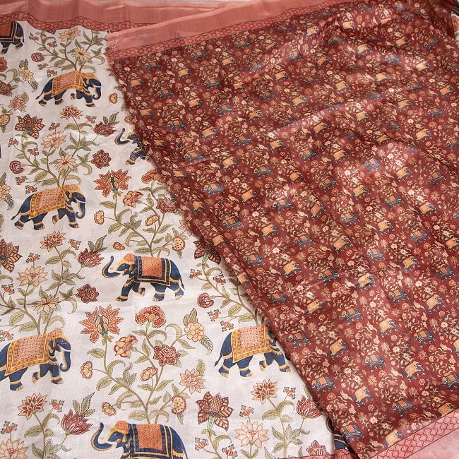 ムガル風 レトロ調 アニマル×ボタニカルプリントサリー 12 - サリー本体に、チョリ用生地が付属しています。切り離してご使用ください